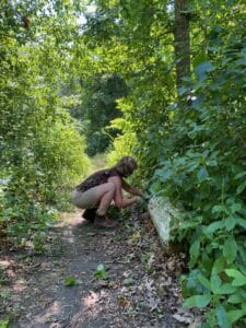 Person crouched down removing invasive plants from a forest trail