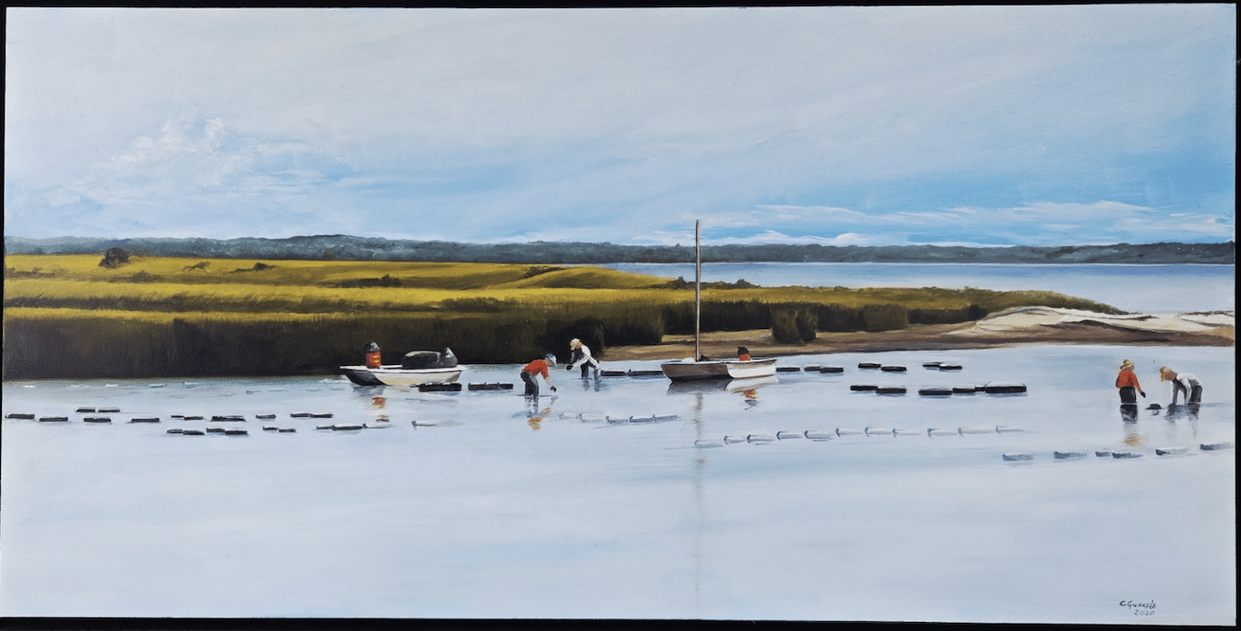 An oil painting on canvas by Christie Lague titled: Harvesting the Oysters