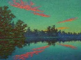 Colorful painting of a serene river at sunset.